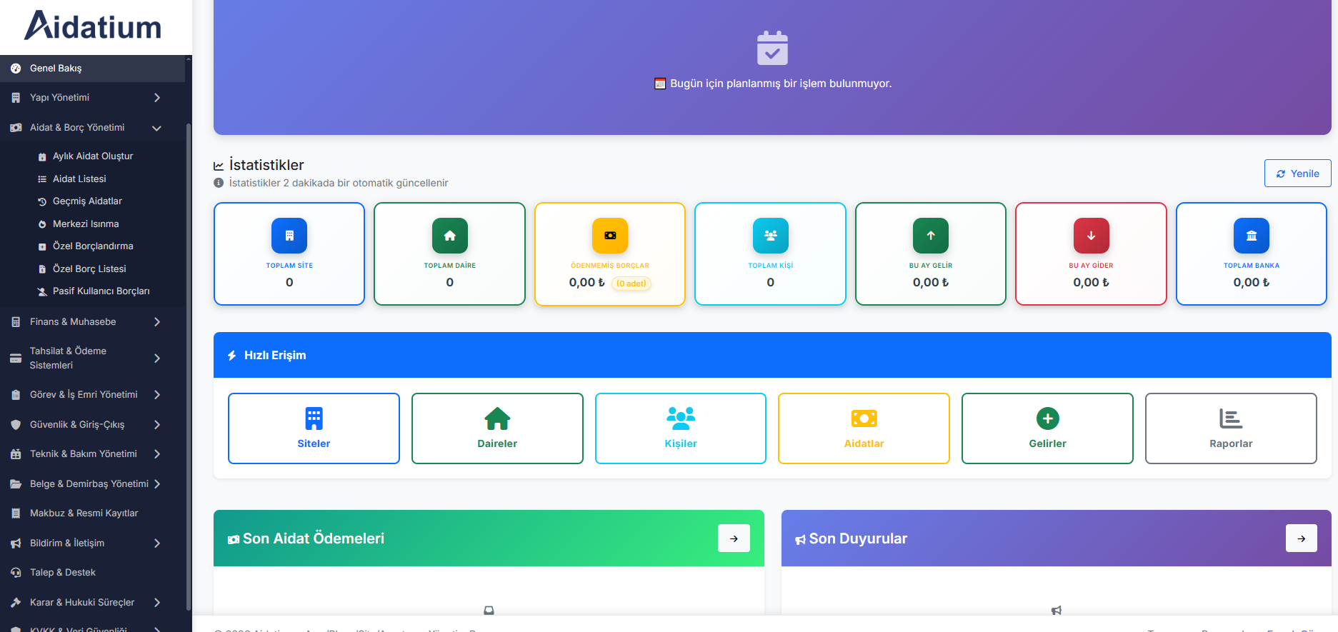Aidatium yönetim paneli dashboard ekran görüntüsü